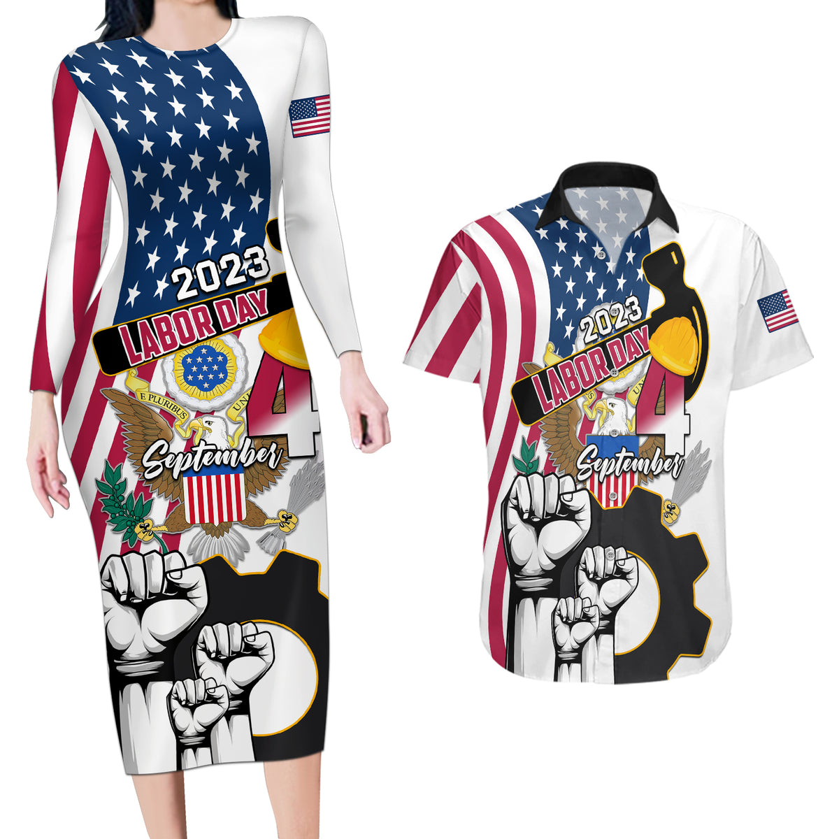 United States Labor Day Couples Matching Long Sleeve Bodycon Dress and Hawaiian Shirt Happy Labor Day 4th September - Wonder Print Shop