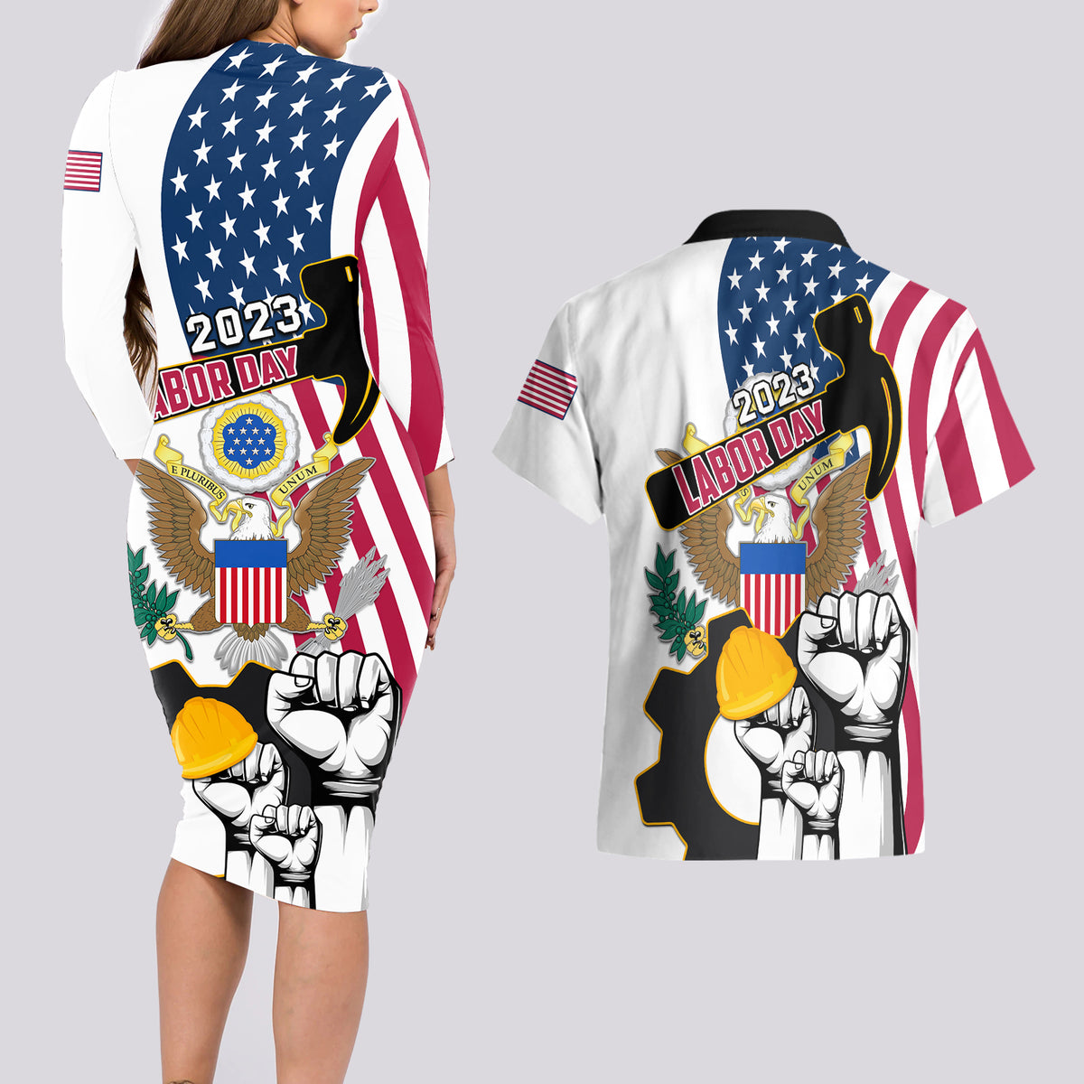 United States Labor Day Couples Matching Long Sleeve Bodycon Dress and Hawaiian Shirt Happy Labor Day 4th September - Wonder Print Shop