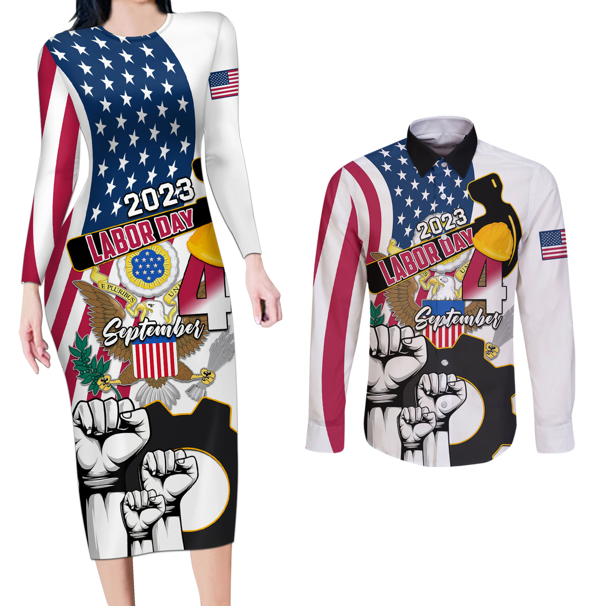 United States Labor Day Couples Matching Long Sleeve Bodycon Dress and Long Sleeve Button Shirts Happy Labor Day 4th September - Wonder Print Shop