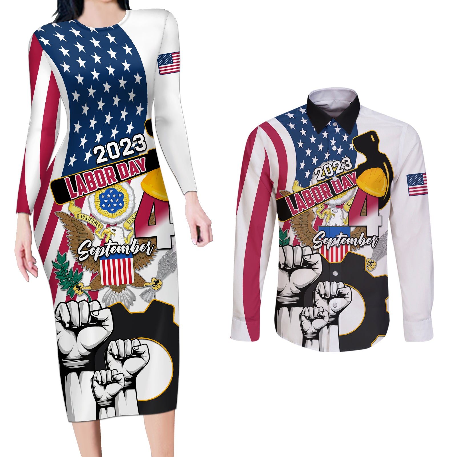 United States Labor Day Couples Matching Long Sleeve Bodycon Dress and Long Sleeve Button Shirts Happy Labor Day 4th September - Wonder Print Shop