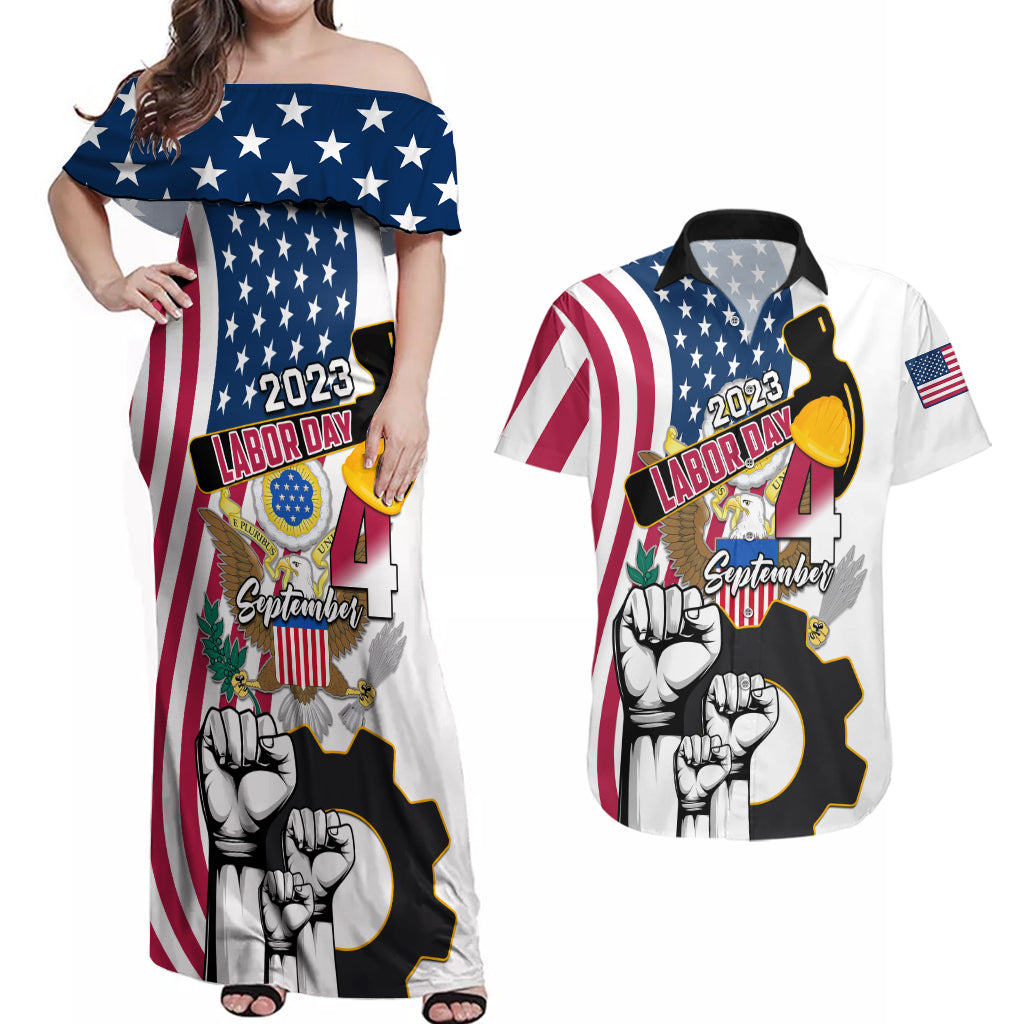 United States Labor Day Couples Matching Off Shoulder Maxi Dress and Hawaiian Shirt Happy Labor Day 4th September - Wonder Print Shop