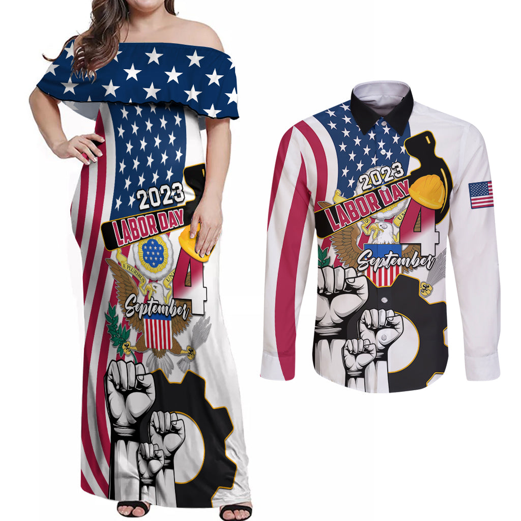 United States Labor Day Couples Matching Off Shoulder Maxi Dress and Long Sleeve Button Shirts Happy Labor Day 4th September - Wonder Print Shop