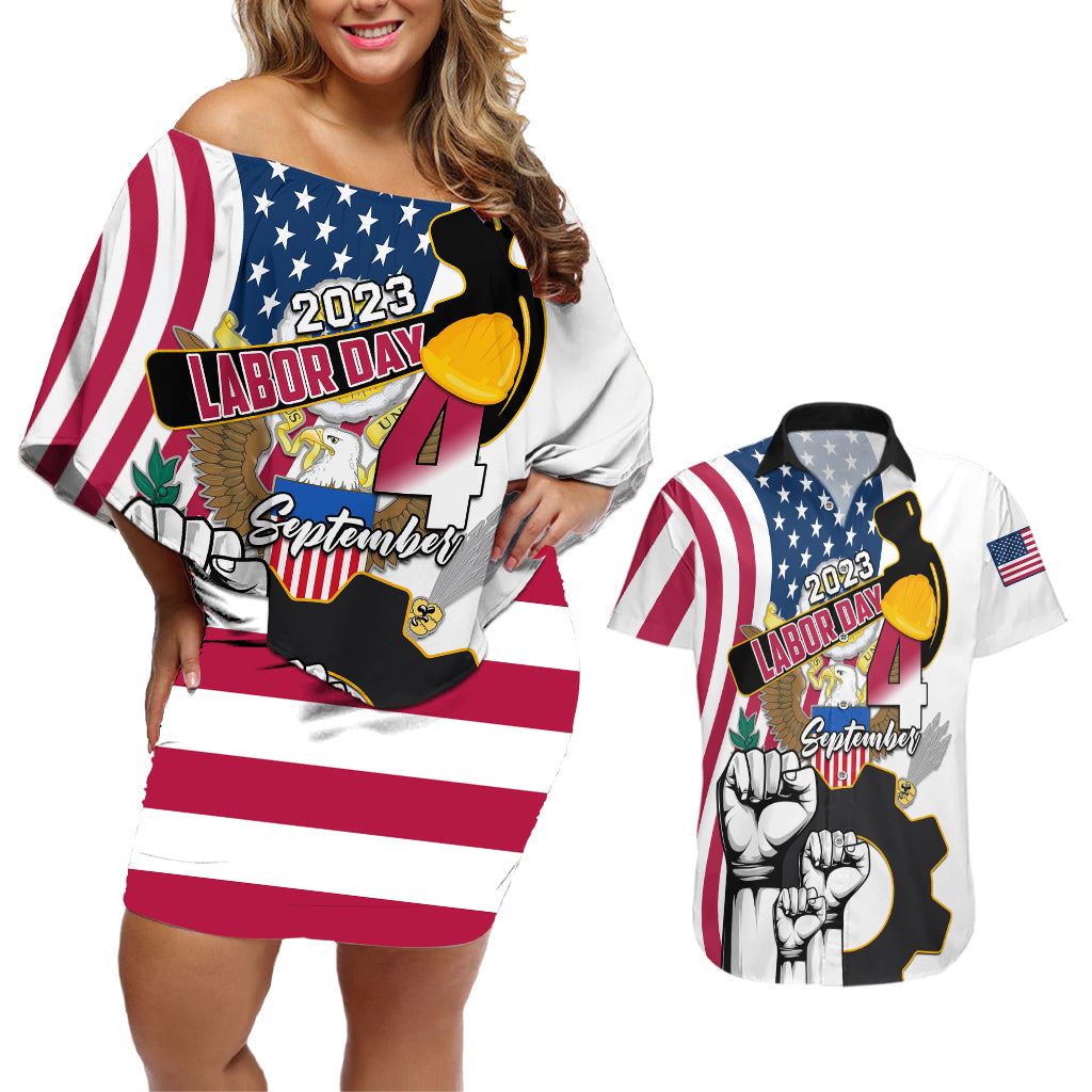 United States Labor Day Couples Matching Off Shoulder Short Dress and Hawaiian Shirt Happy Labor Day 4th September - Wonder Print Shop