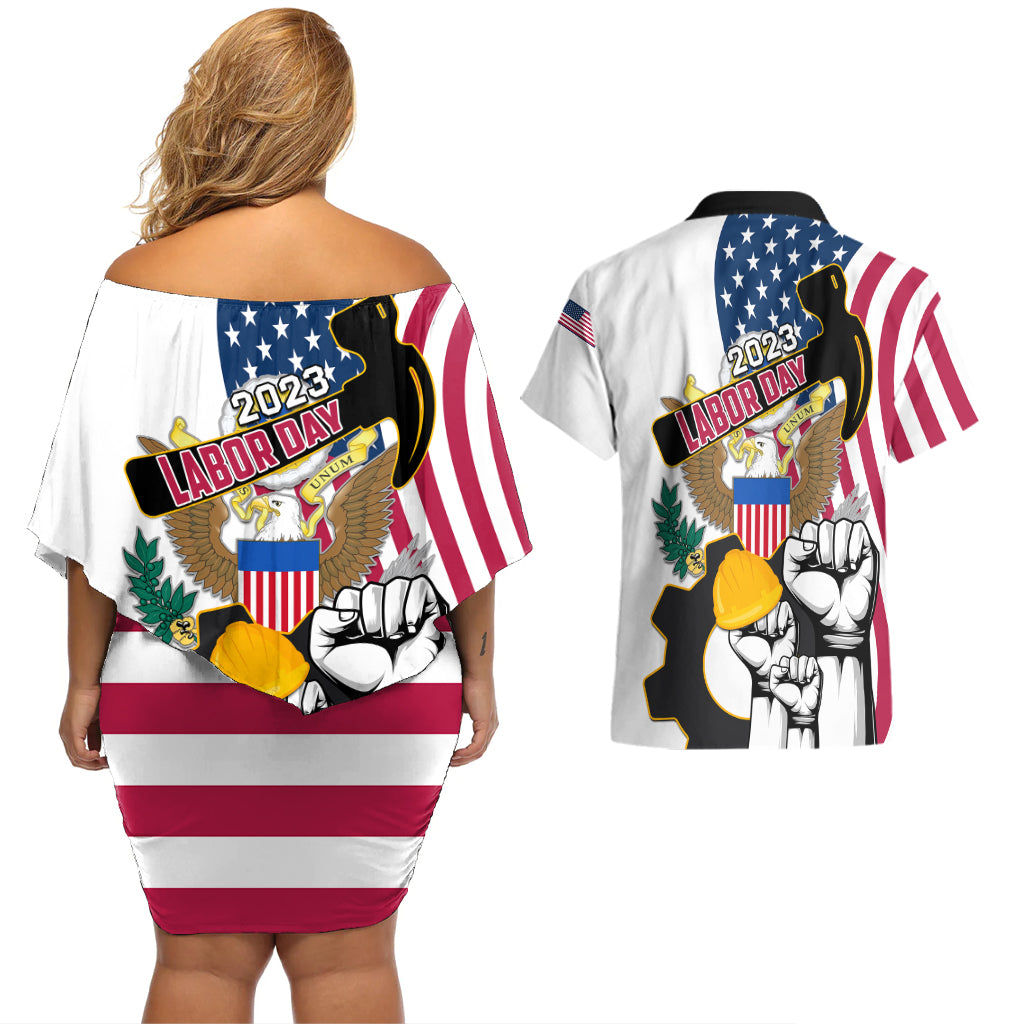 United States Labor Day Couples Matching Off Shoulder Short Dress and Hawaiian Shirt Happy Labor Day 4th September - Wonder Print Shop