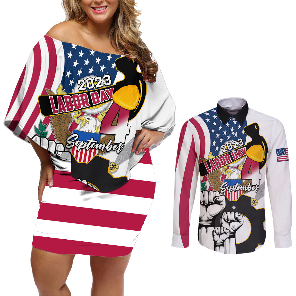 United States Labor Day Couples Matching Off Shoulder Short Dress and Long Sleeve Button Shirts Happy Labor Day 4th September - Wonder Print Shop