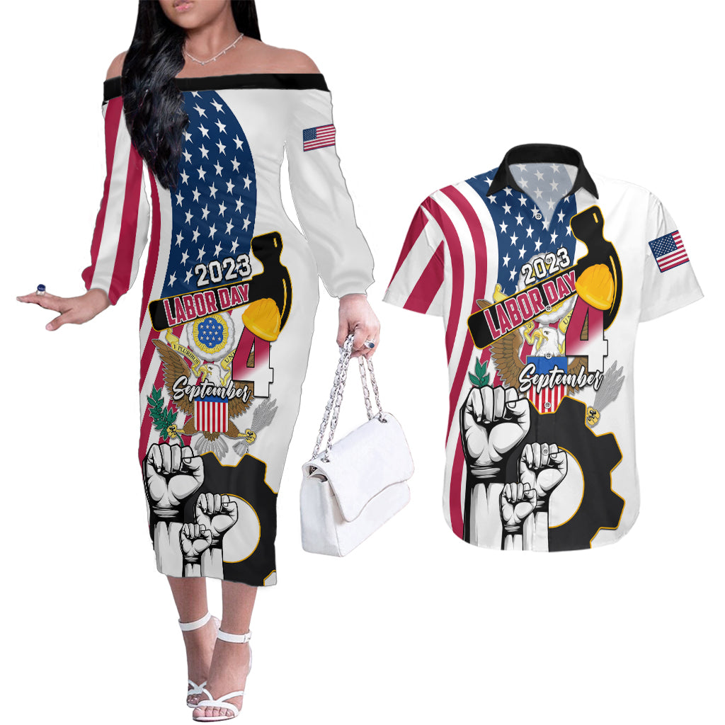 United States Labor Day Couples Matching Off The Shoulder Long Sleeve Dress and Hawaiian Shirt Happy Labor Day 4th September - Wonder Print Shop