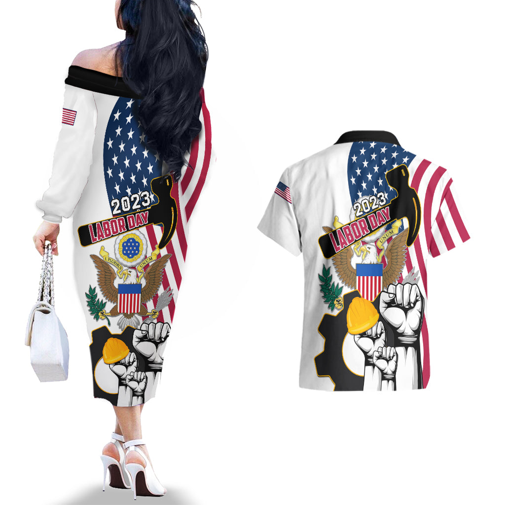 United States Labor Day Couples Matching Off The Shoulder Long Sleeve Dress and Hawaiian Shirt Happy Labor Day 4th September - Wonder Print Shop