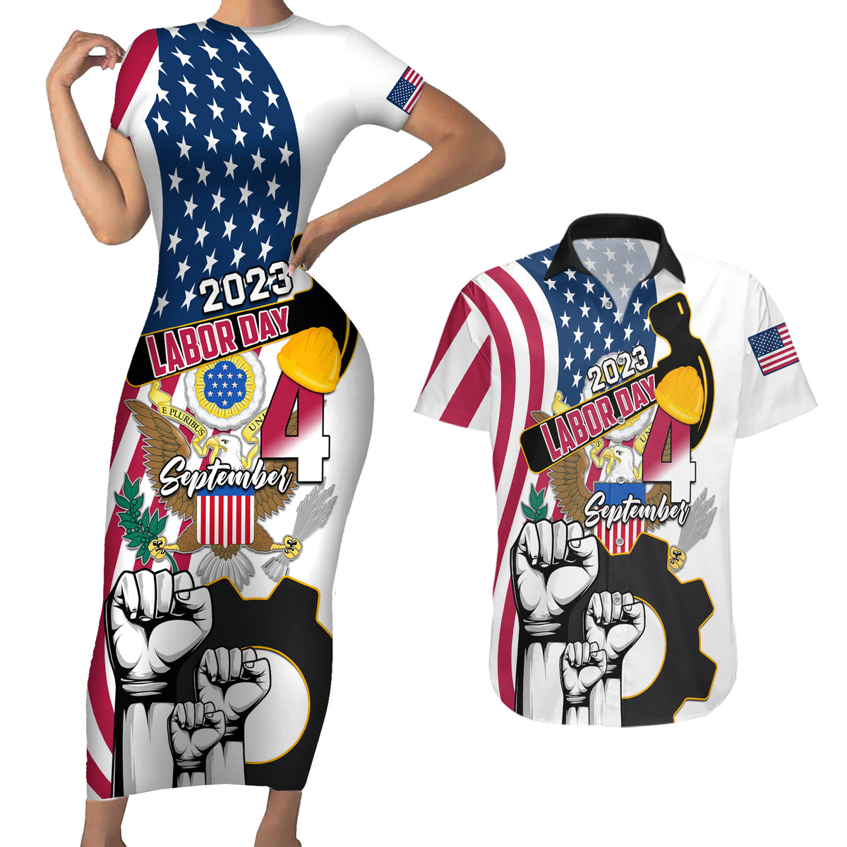 United States Labor Day Couples Matching Short Sleeve Bodycon Dress and Hawaiian Shirt Happy Labor Day 4th September - Wonder Print Shop