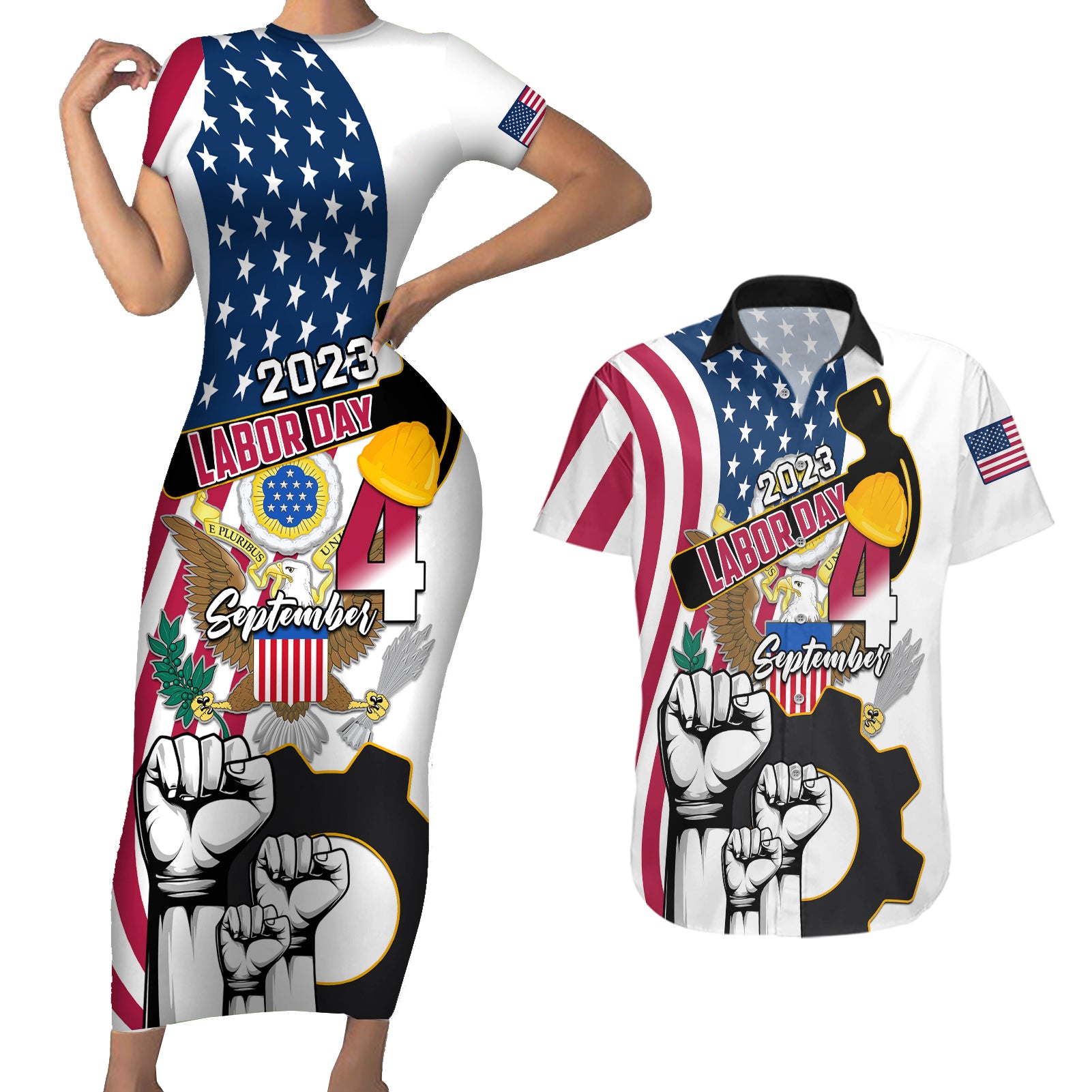 United States Labor Day Couples Matching Short Sleeve Bodycon Dress and Hawaiian Shirt Happy Labor Day 4th September - Wonder Print Shop