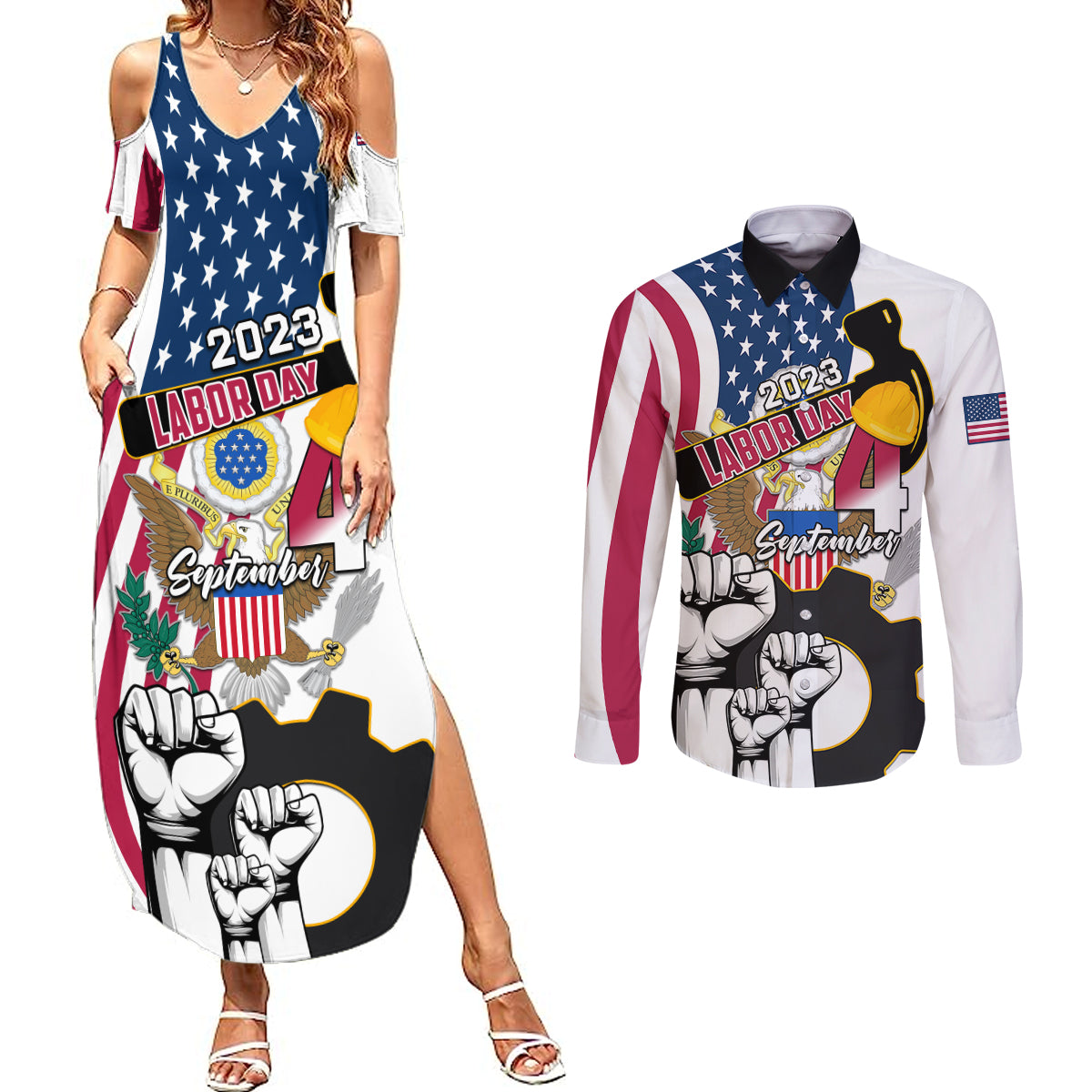 United States Labor Day Couples Matching Summer Maxi Dress and Long Sleeve Button Shirts Happy Labor Day 4th September - Wonder Print Shop