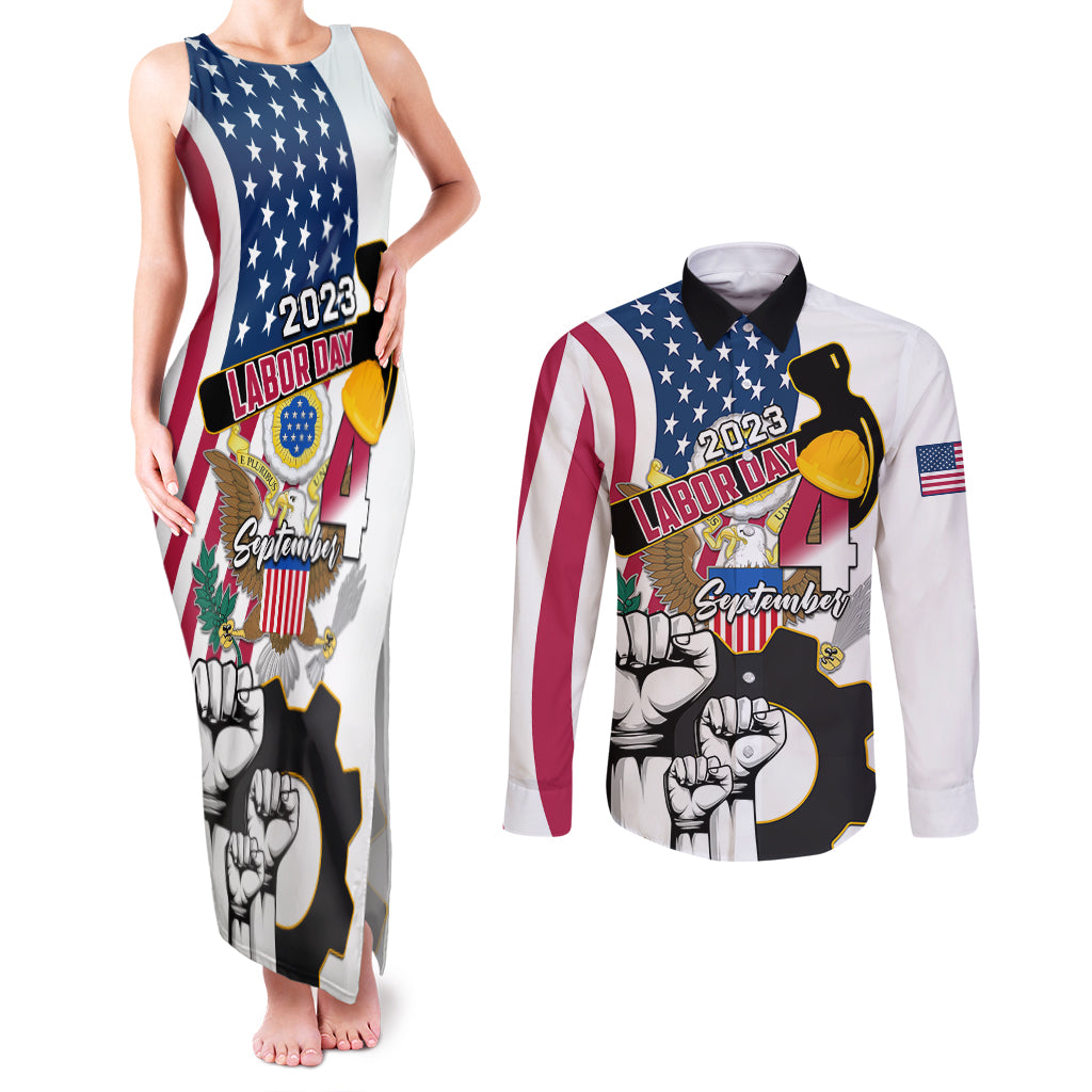 United States Labor Day Couples Matching Tank Maxi Dress and Long Sleeve Button Shirts Happy Labor Day 4th September - Wonder Print Shop
