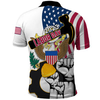 White labor day polo shirt, back graphic with eagle, 2023, and red-white striped sleeves.