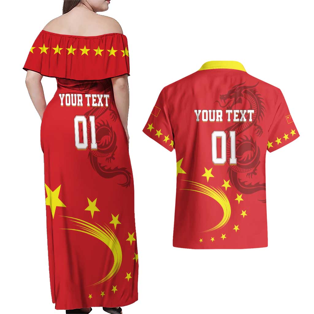 Custom China 2024 Couples Matching Off Shoulder Maxi Dress and Hawaiian Shirt Chinese Dragon Yellow Star - Wonder Print Shop
