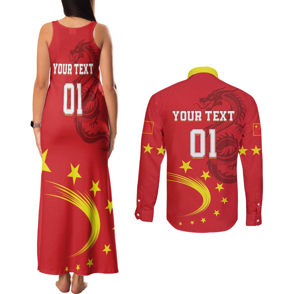 Custom China 2024 Couples Matching Tank Maxi Dress and Long Sleeve Button Shirt Chinese Dragon Yellow Star - Wonder Print Shop