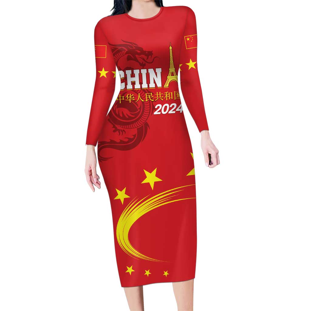 Custom China 2024 Family Matching Long Sleeve Bodycon Dress and Hawaiian Shirt Chinese Dragon Yellow Star - Wonder Print Shop