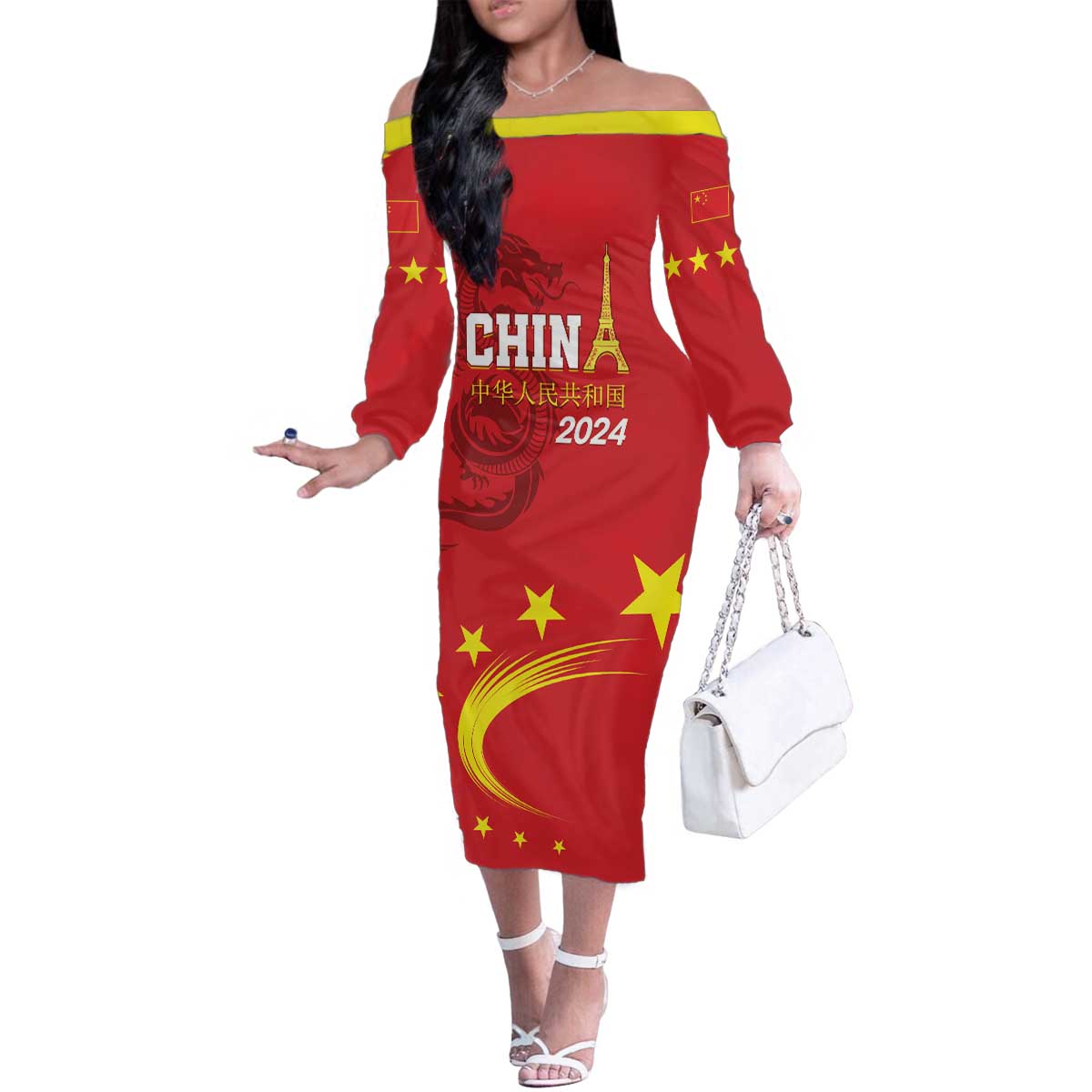 Custom China 2024 Family Matching Off The Shoulder Long Sleeve Dress and Hawaiian Shirt Chinese Dragon Yellow Star - Wonder Print Shop
