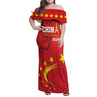 Custom China 2024 Family Matching Off Shoulder Maxi Dress and Hawaiian Shirt Chinese Dragon Yellow Star - Wonder Print Shop