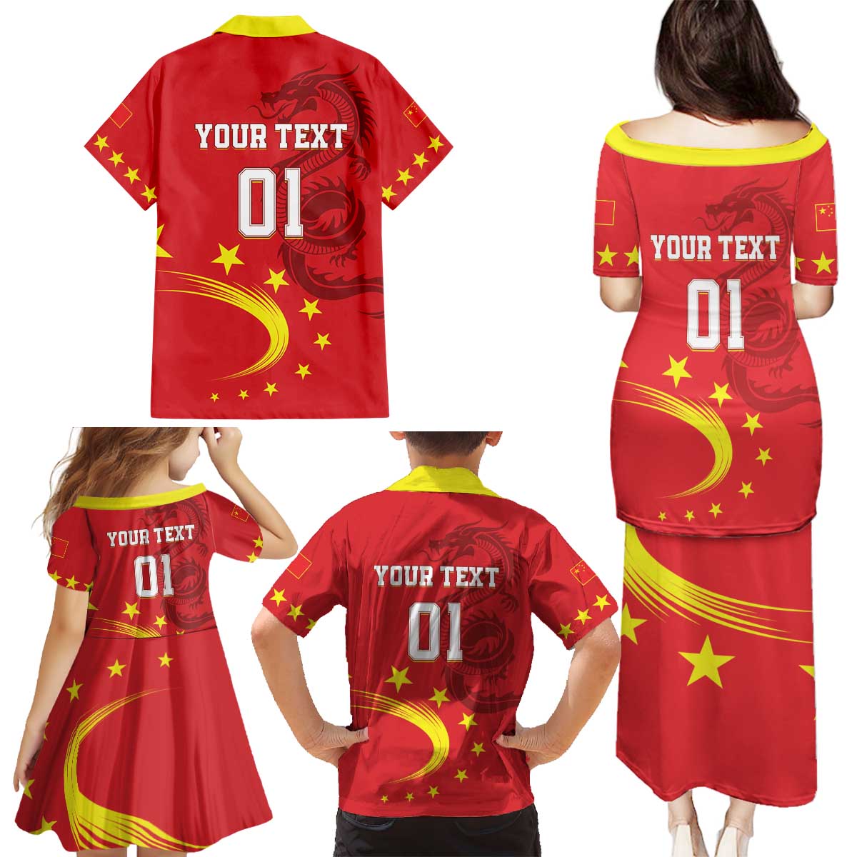 Custom China 2024 Family Matching Puletasi and Hawaiian Shirt Chinese Dragon Yellow Star - Wonder Print Shop