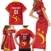 Custom China 2024 Family Matching Short Sleeve Bodycon Dress and Hawaiian Shirt Chinese Dragon Yellow Star - Wonder Print Shop