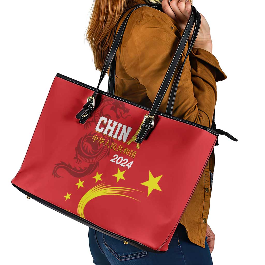 Custom China 2024 Leather Tote Bag Chinese Dragon Yellow Star - Wonder Print Shop