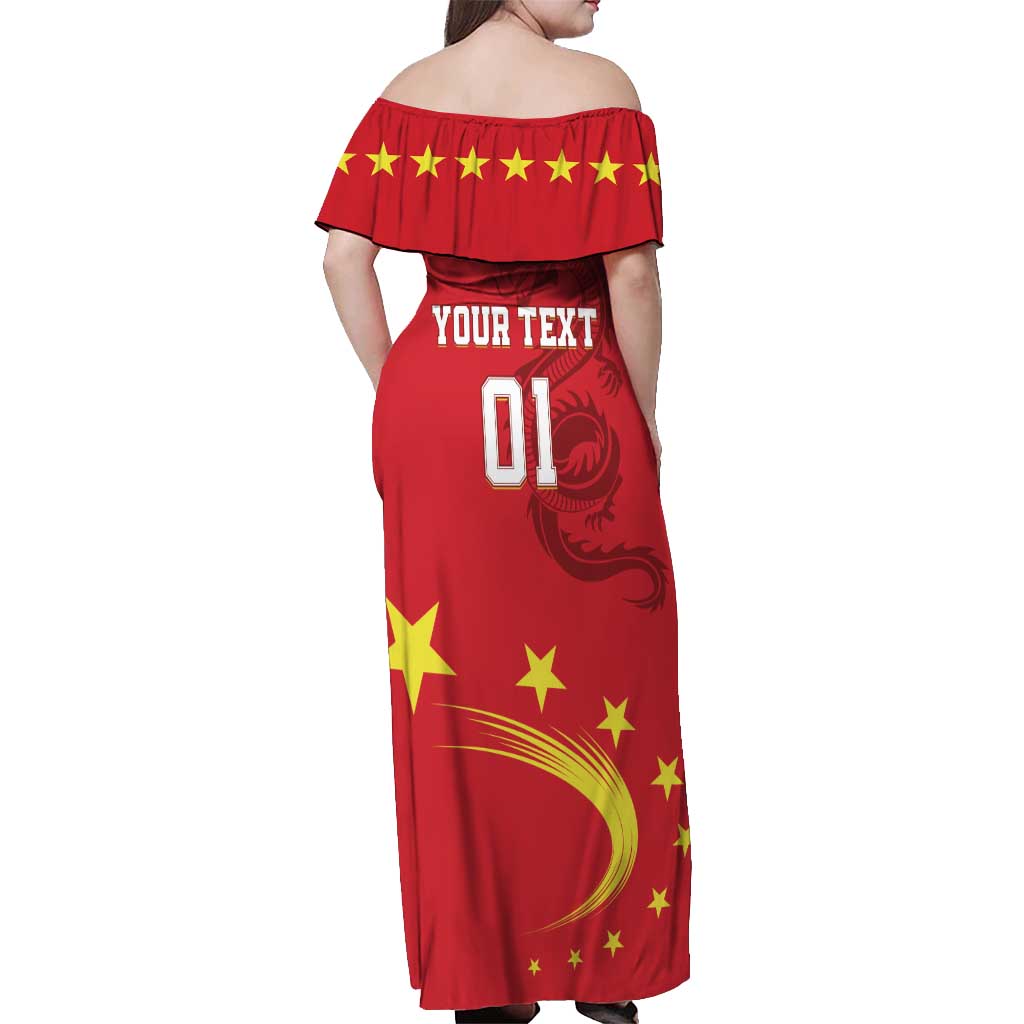 Custom China 2024 Off Shoulder Maxi Dress Chinese Dragon Yellow Star - Wonder Print Shop
