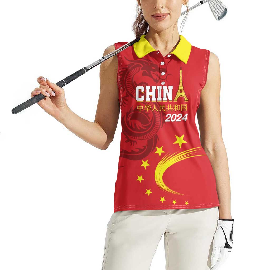 Custom China 2024 Women Sleeveless Polo Shirt Chinese Dragon Yellow Star - Wonder Print Shop