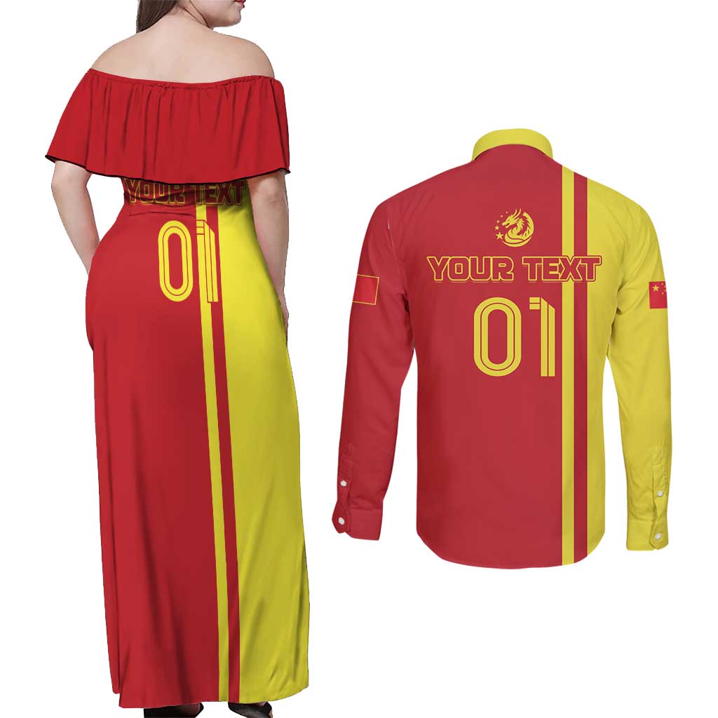 Custom China Couples Matching Off Shoulder Maxi Dress and Long Sleeve Button Shirt Chinese Dragon With Eiffel Tower - Wonder Print Shop