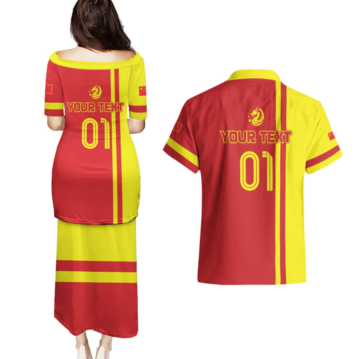 Custom China Couples Matching Puletasi and Hawaiian Shirt Chinese Dragon With Eiffel Tower - Wonder Print Shop