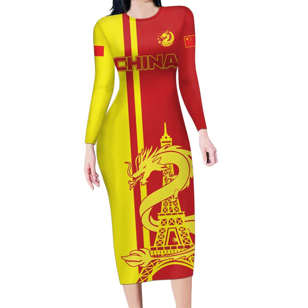 Custom China Family Matching Long Sleeve Bodycon Dress and Hawaiian Shirt Chinese Dragon With Eiffel Tower - Wonder Print Shop
