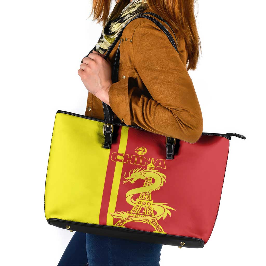 Custom China Leather Tote Bag Chinese Dragon With Eiffel Tower - Wonder Print Shop
