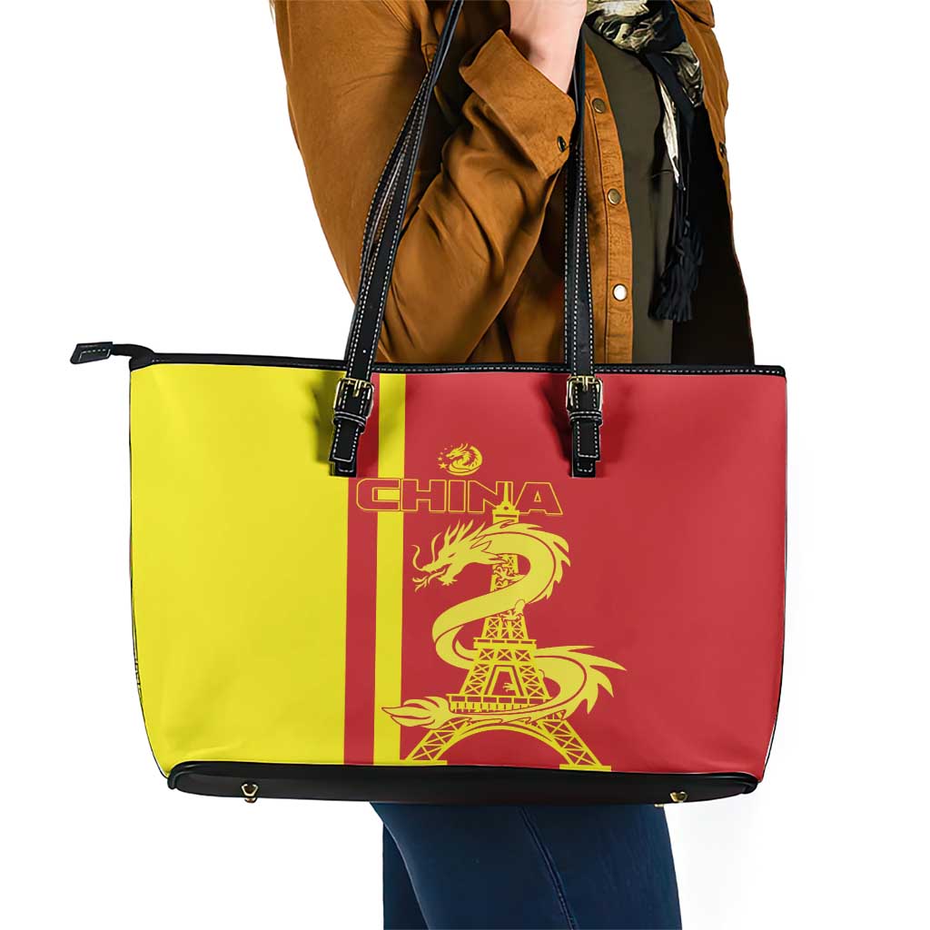 Custom China Leather Tote Bag Chinese Dragon With Eiffel Tower - Wonder Print Shop