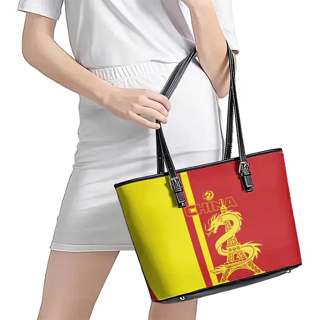 Custom China Leather Tote Bag Chinese Dragon With Eiffel Tower - Wonder Print Shop