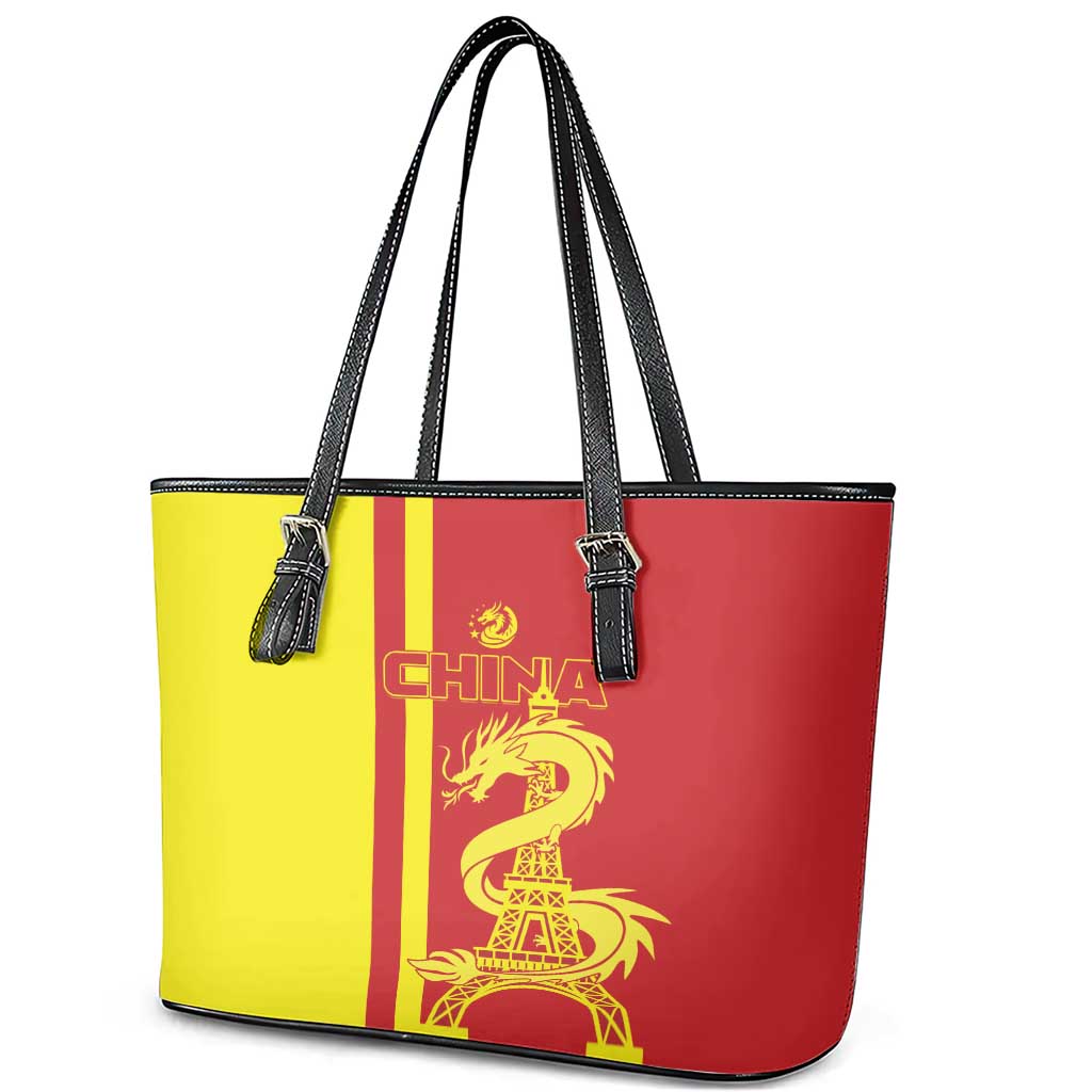 Custom China Leather Tote Bag Chinese Dragon With Eiffel Tower - Wonder Print Shop
