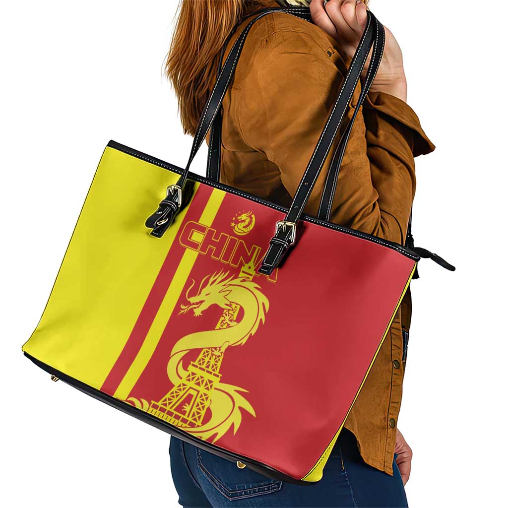 Custom China Leather Tote Bag Chinese Dragon With Eiffel Tower - Wonder Print Shop