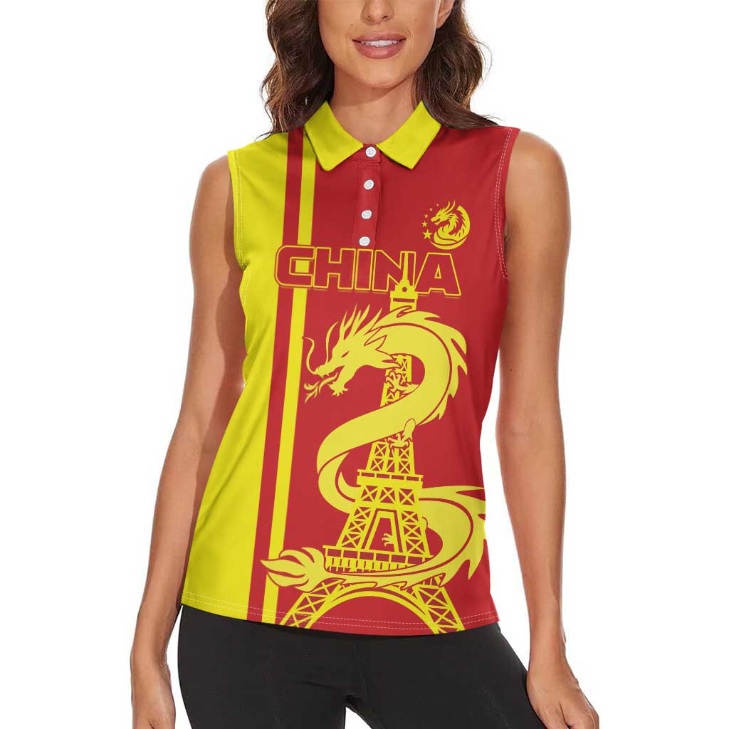 Custom China Women Sleeveless Polo Shirt Chinese Dragon With Eiffel Tower - Wonder Print Shop