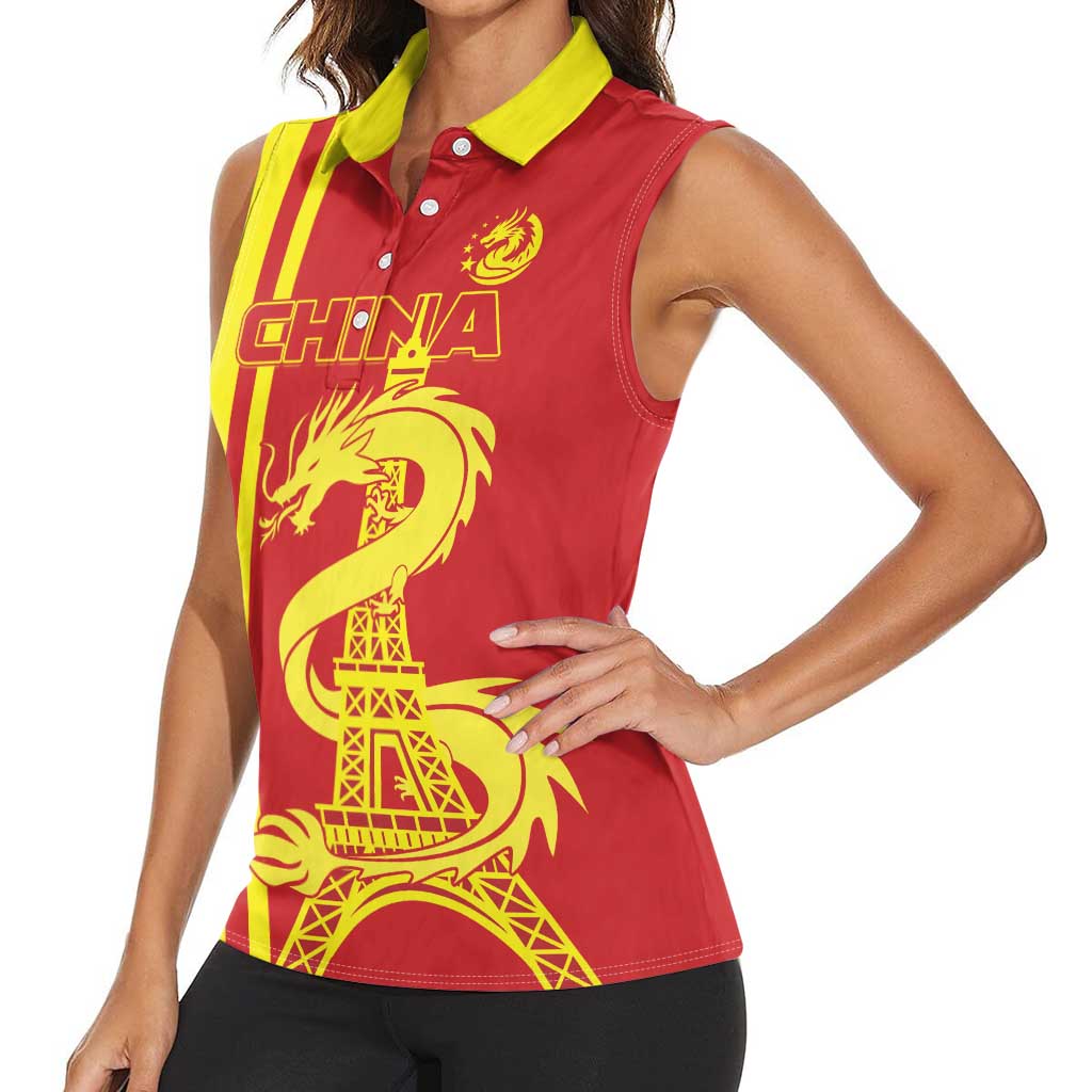 Custom China Women Sleeveless Polo Shirt Chinese Dragon With Eiffel Tower - Wonder Print Shop