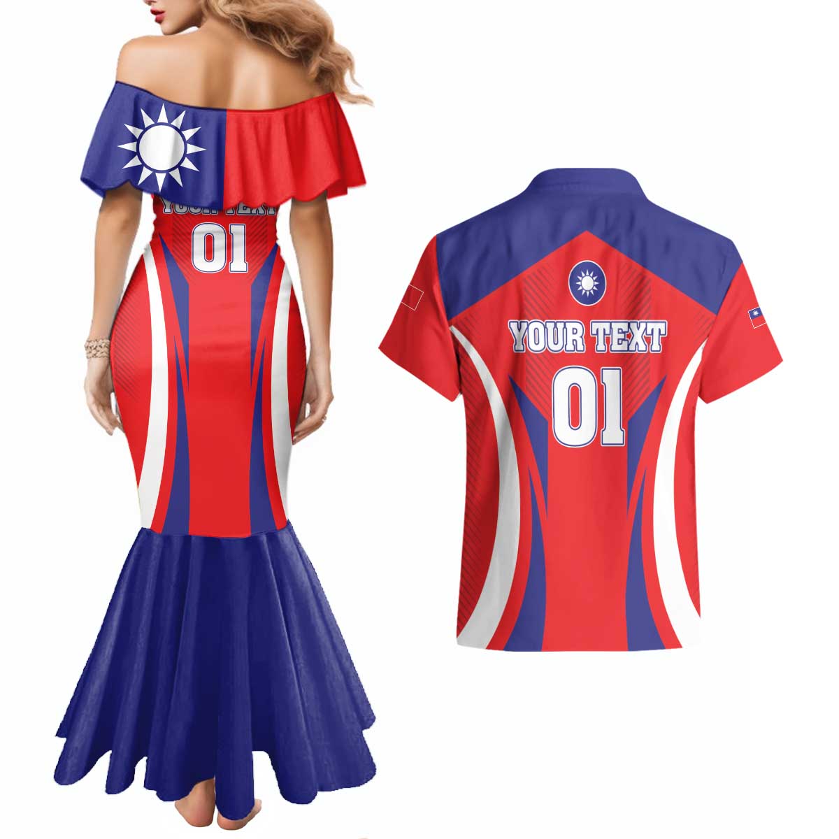 Custom Taiwan Couples Matching Mermaid Dress and Hawaiian Shirt Taiwanese Sporty Flag Style - Wonder Print Shop