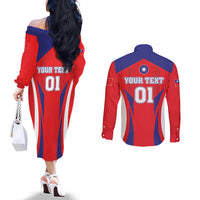 Custom Taiwan Couples Matching Off The Shoulder Long Sleeve Dress and Long Sleeve Button Shirt Taiwanese Sporty Flag Style