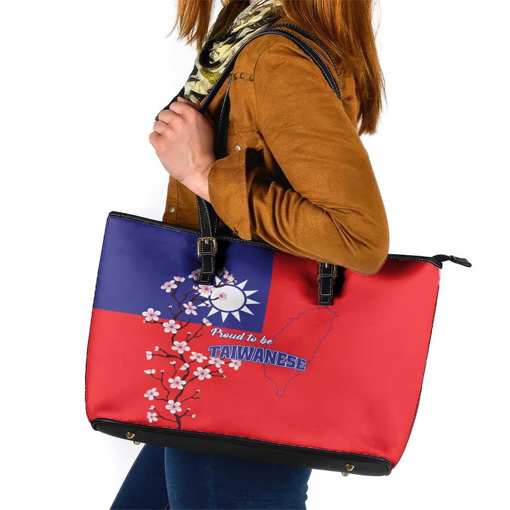 Personalized Proud To Be Taiwanese Leather Tote Bag Flag Map Plum Blossom - Wonder Print Shop