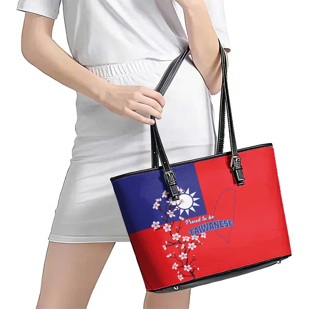 Personalized Proud To Be Taiwanese Leather Tote Bag Flag Map Plum Blossom - Wonder Print Shop