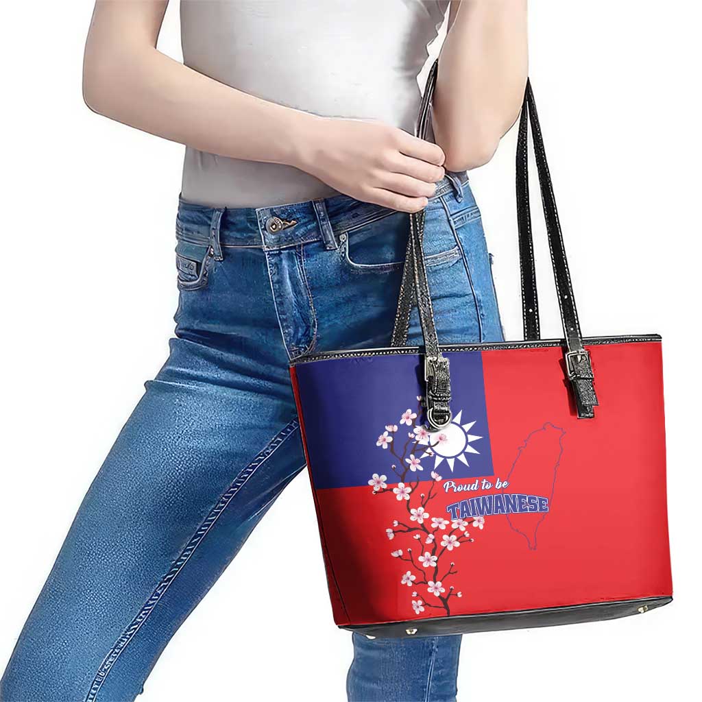 Personalized Proud To Be Taiwanese Leather Tote Bag Flag Map Plum Blossom - Wonder Print Shop
