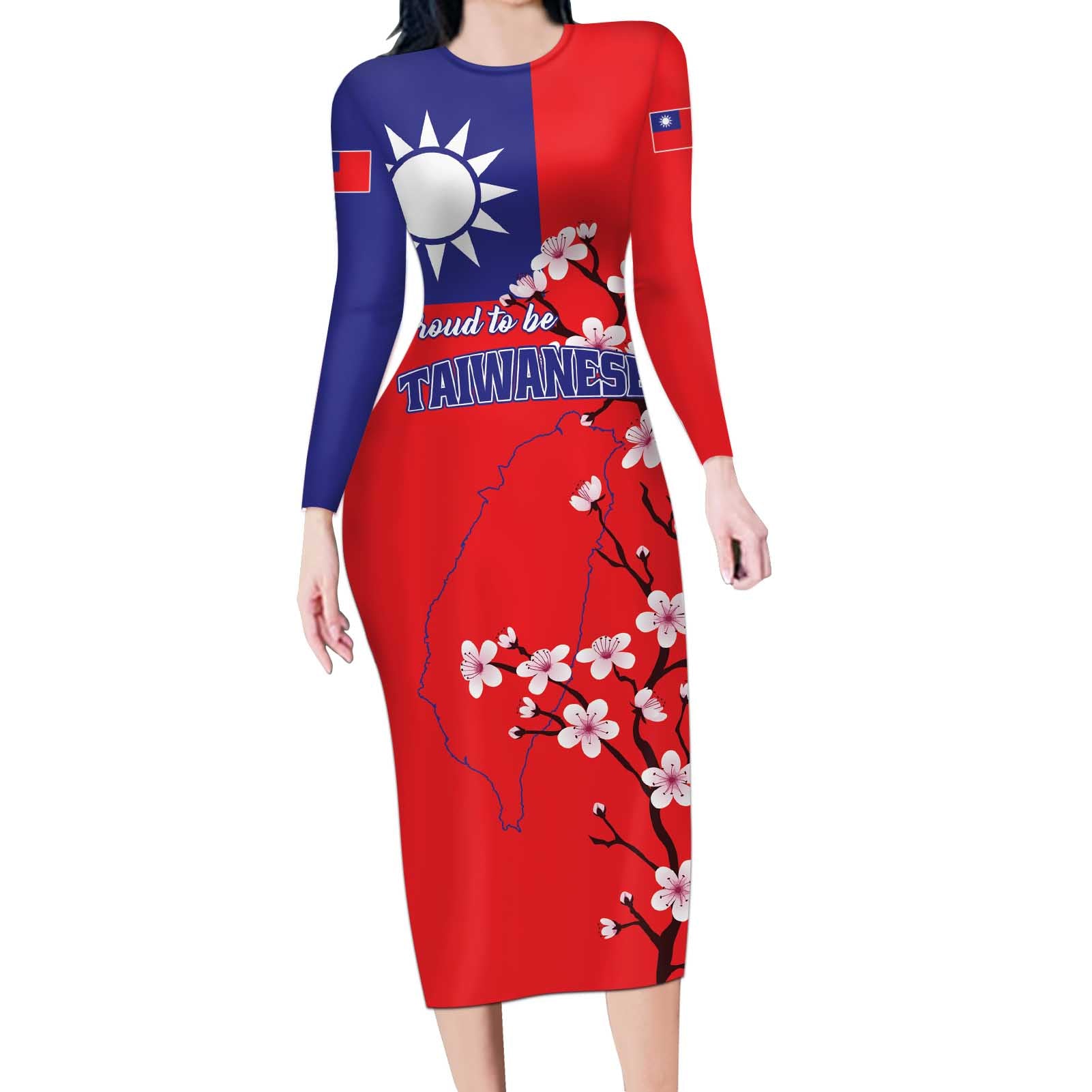 Personalized Proud To Be Taiwanese Long Sleeve Bodycon Dress Flag Map Plum Blossom - Wonder Print Shop