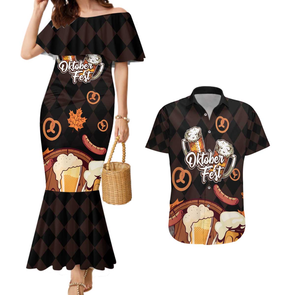 Oktoberfest German Beer Festival Celebration Couples Matching Mermaid Dress and Hawaiian Shirt - Wonder Print Shop