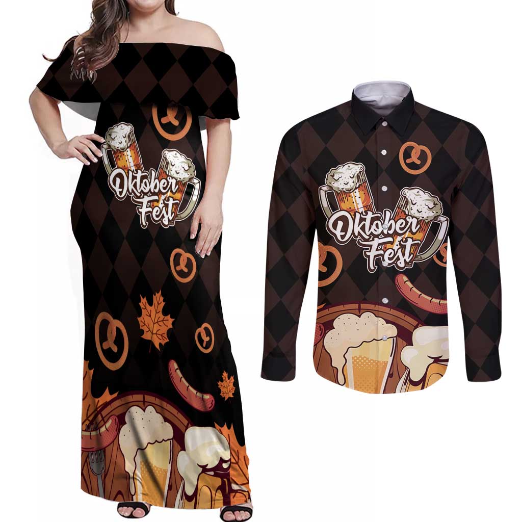 Oktoberfest German Beer Festival Celebration Couples Matching Off Shoulder Maxi Dress and Long Sleeve Button Shirt - Wonder Print Shop