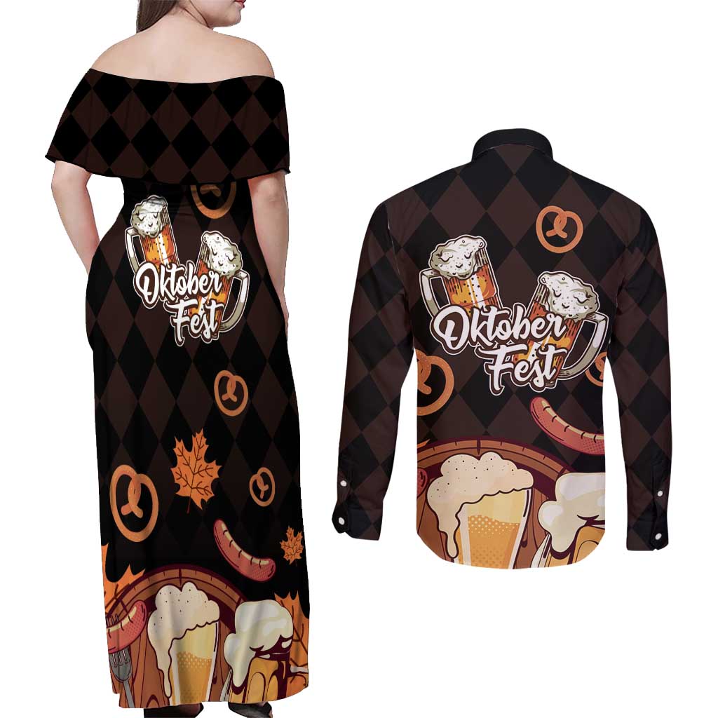 Oktoberfest German Beer Festival Celebration Couples Matching Off Shoulder Maxi Dress and Long Sleeve Button Shirt - Wonder Print Shop
