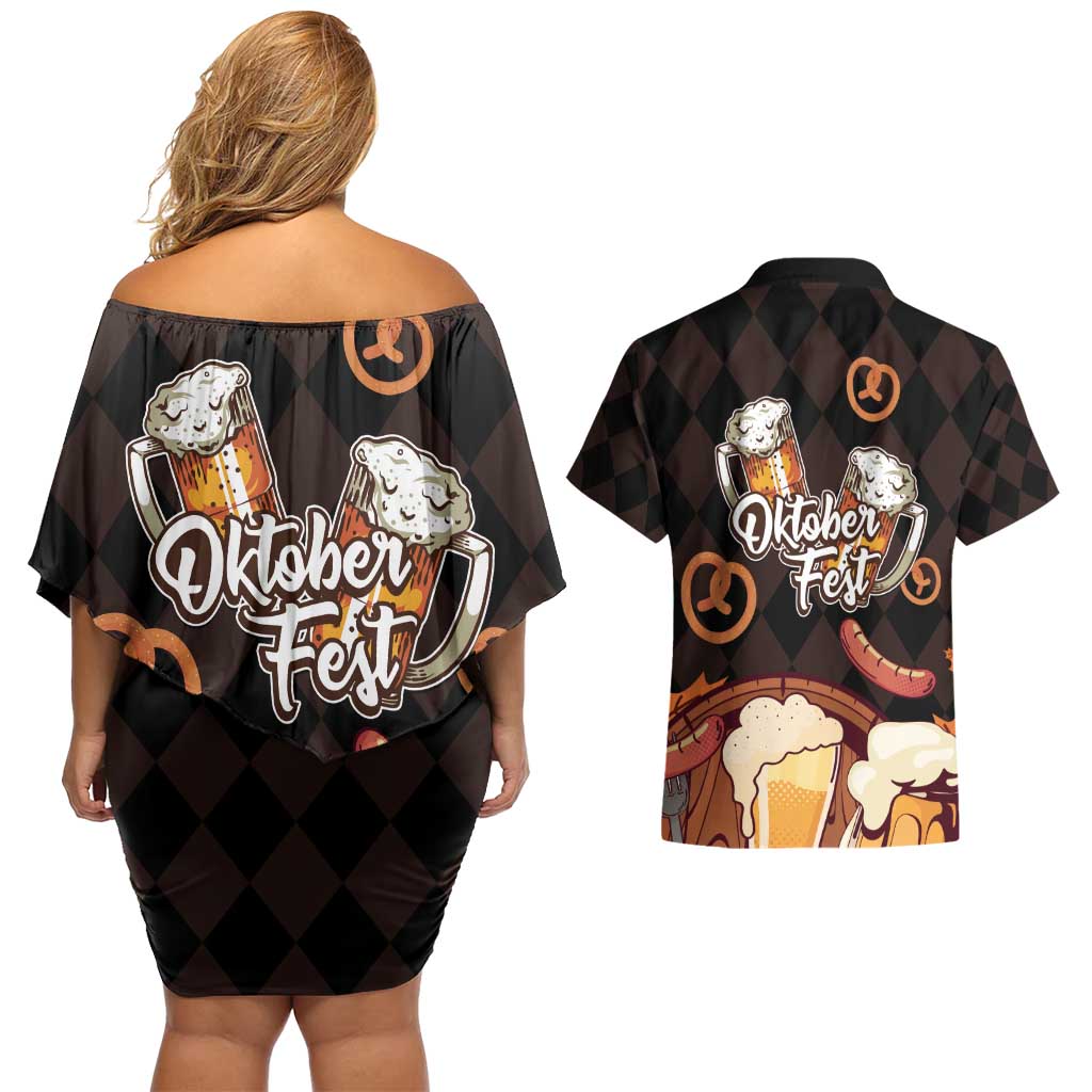 Oktoberfest German Beer Festival Celebration Couples Matching Off Shoulder Short Dress and Hawaiian Shirt - Wonder Print Shop