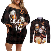 Oktoberfest German Beer Festival Celebration Couples Matching Off Shoulder Short Dress and Long Sleeve Button Shirt - Wonder Print Shop