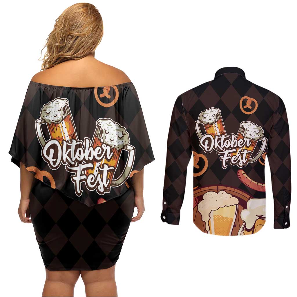 Oktoberfest German Beer Festival Celebration Couples Matching Off Shoulder Short Dress and Long Sleeve Button Shirt - Wonder Print Shop