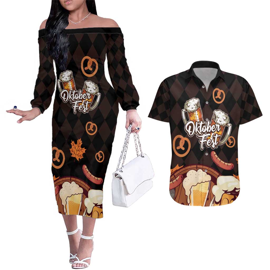 Oktoberfest German Beer Festival Celebration Couples Matching Off The Shoulder Long Sleeve Dress and Hawaiian Shirt - Wonder Print Shop
