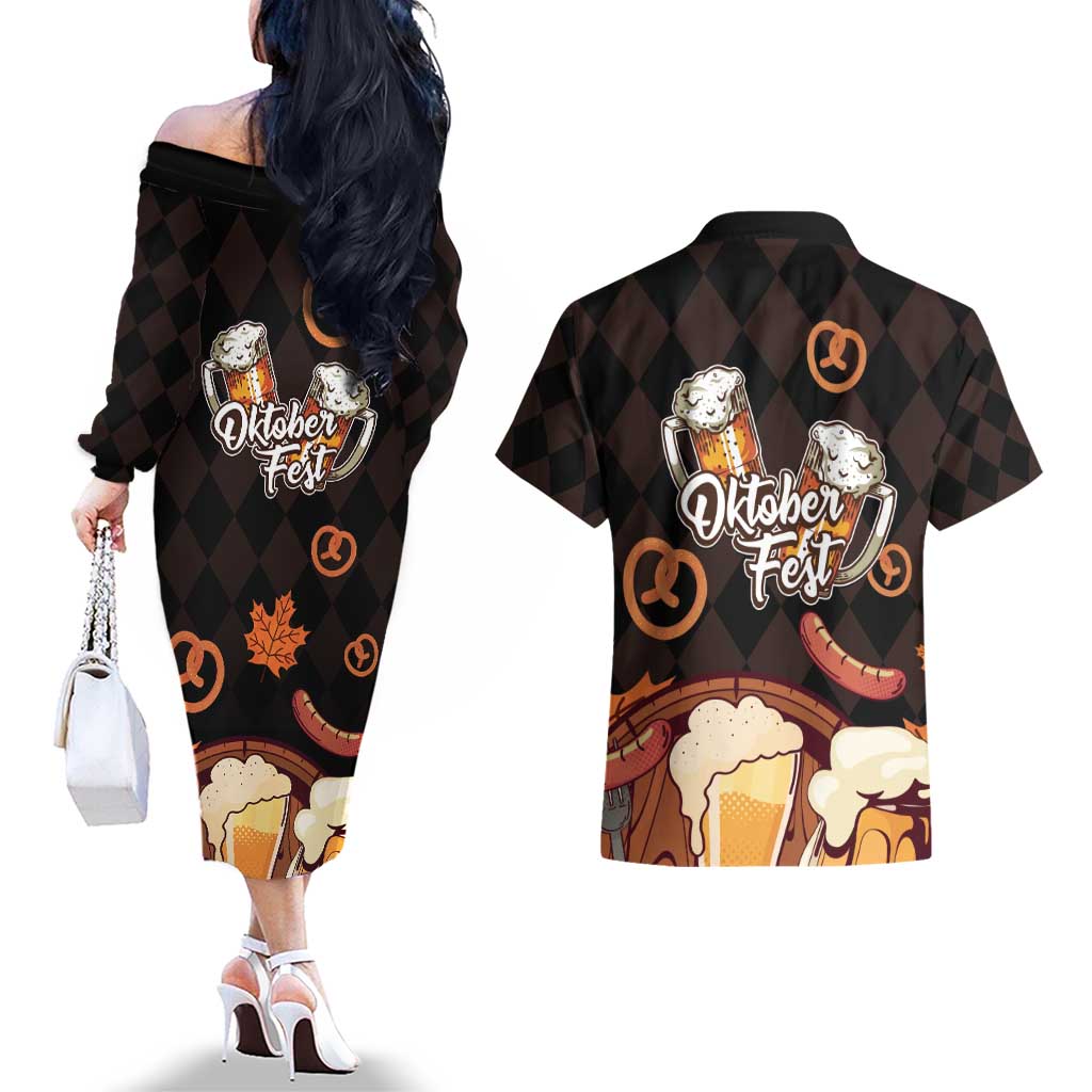 Oktoberfest German Beer Festival Celebration Couples Matching Off The Shoulder Long Sleeve Dress and Hawaiian Shirt - Wonder Print Shop
